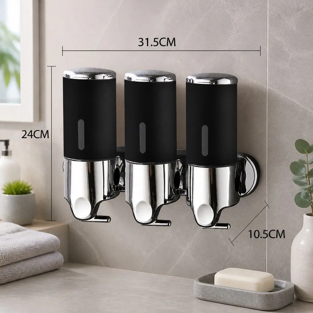 Black Wall Mounted Soap Dispenser for Bathroom Kitchen Shower 3 Bottles