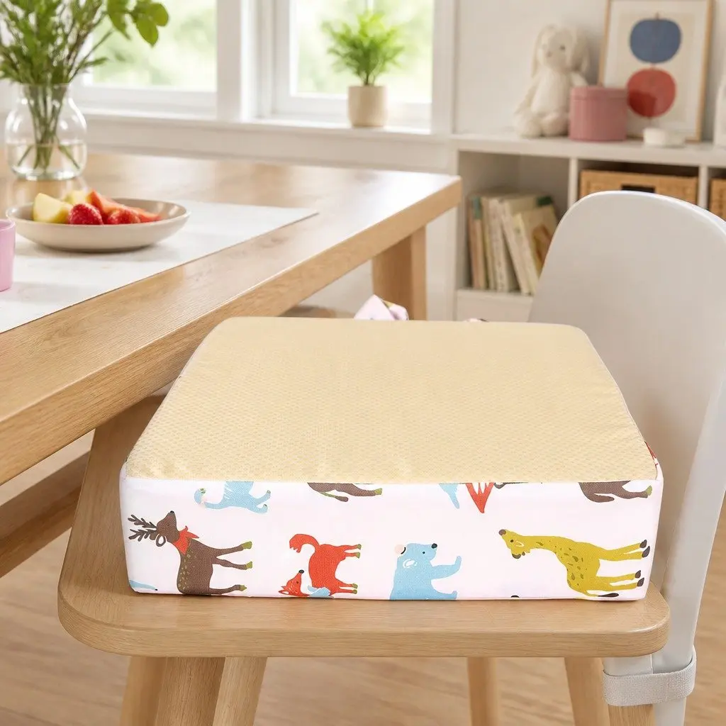 Kids Chair Cushion for Dining and Working Height Baby Pink Cotton Linen 32.5cm x 32.5cm x 8cm Removable Cover High-Density Foam Filling