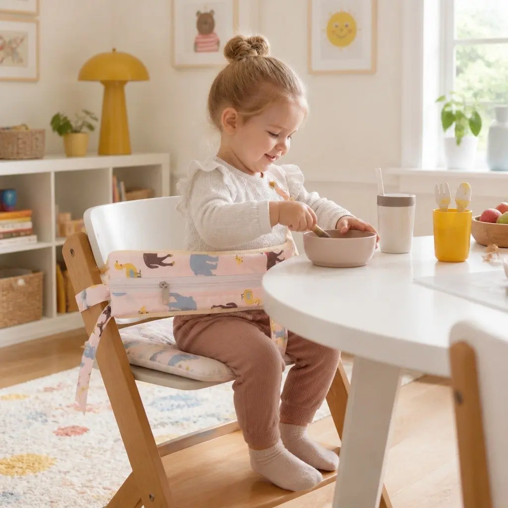 Kids Chair Cushion for Dining and Working Height Baby Pink Cotton Linen 32.5cm x 32.5cm x 8cm Removable Cover High-Density Foam Filling