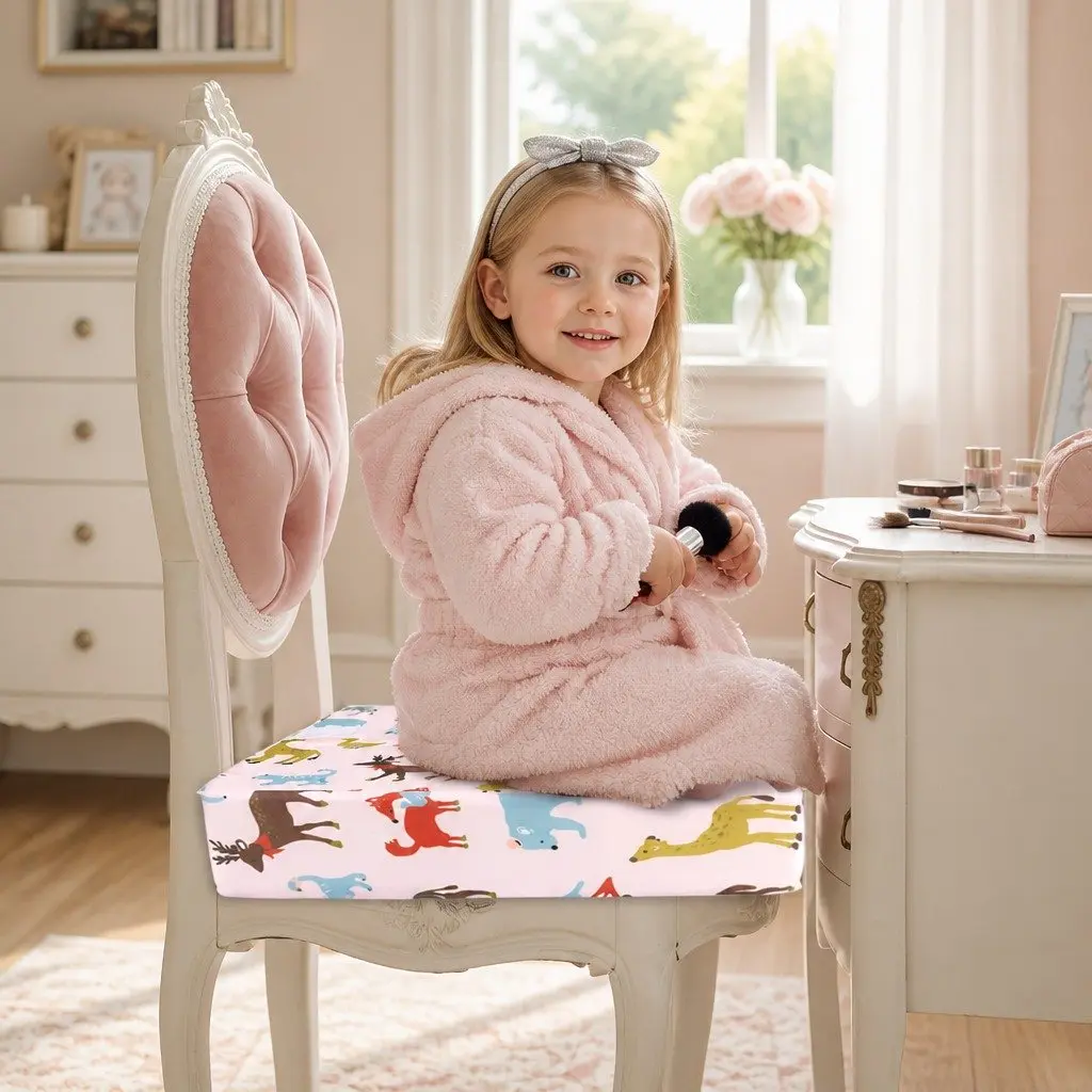 Kids Chair Cushion for Dining and Working Height Baby Pink Cotton Linen 32.5cm x 32.5cm x 8cm Removable Cover High-Density Foam Filling