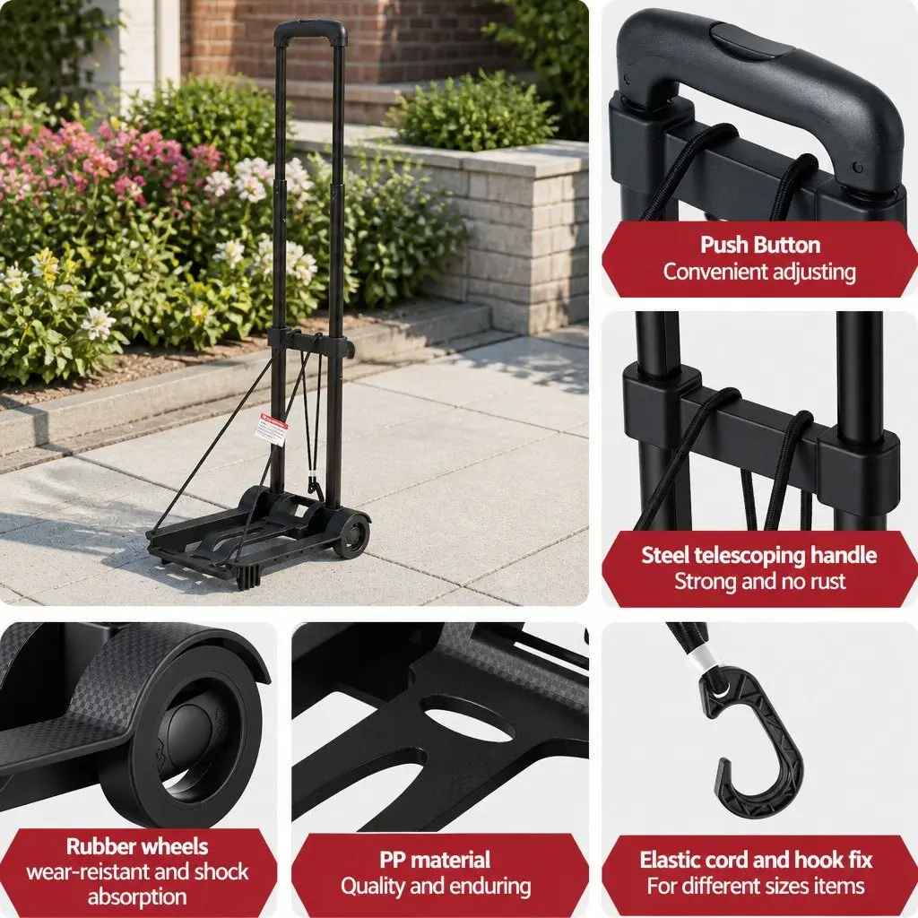 Folding Hand Trolley Portable Luggage Cart Lightweight Travel Black 25kg