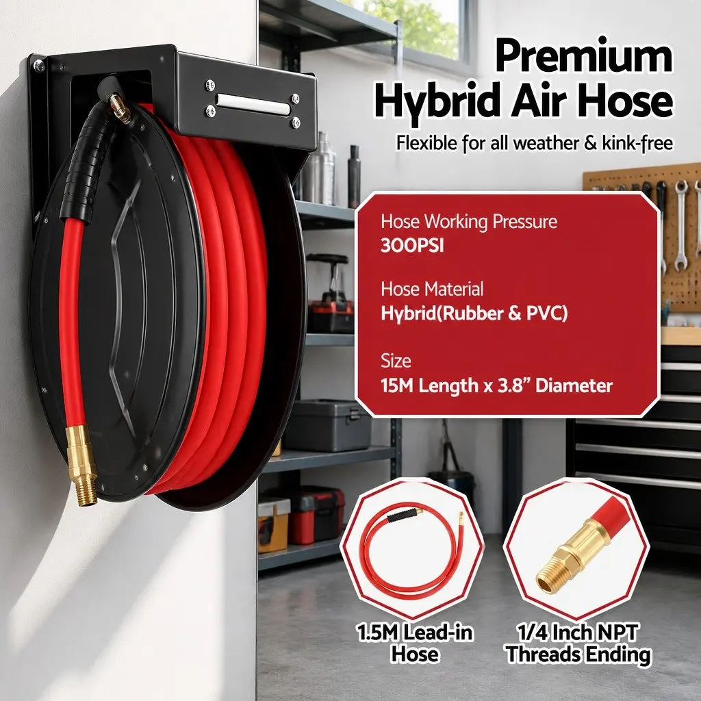 Air Hose Reel 3/8" x 15m for Garage Workshop Auto Rewind Storage
