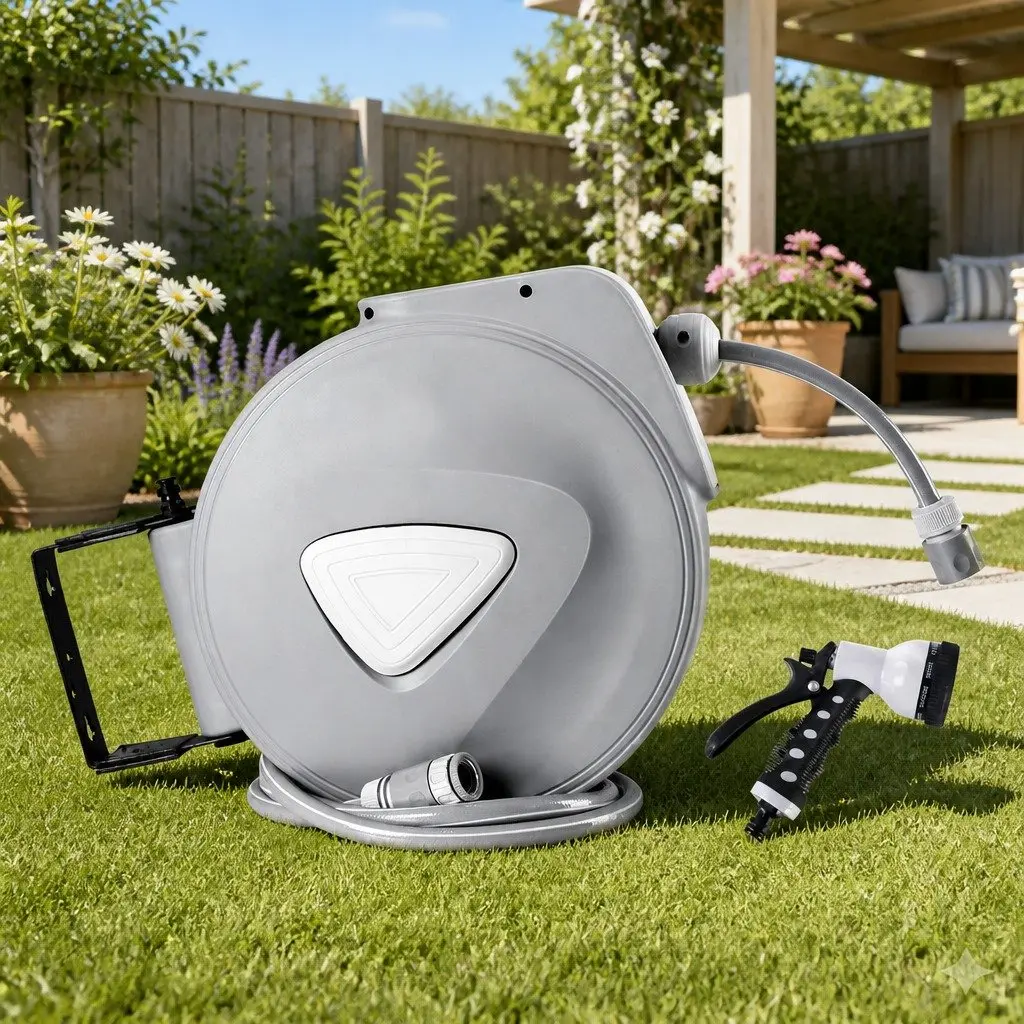 Water Hose Reel Garden Use 10M Retractable Auto Rewind Wall Mount Grey