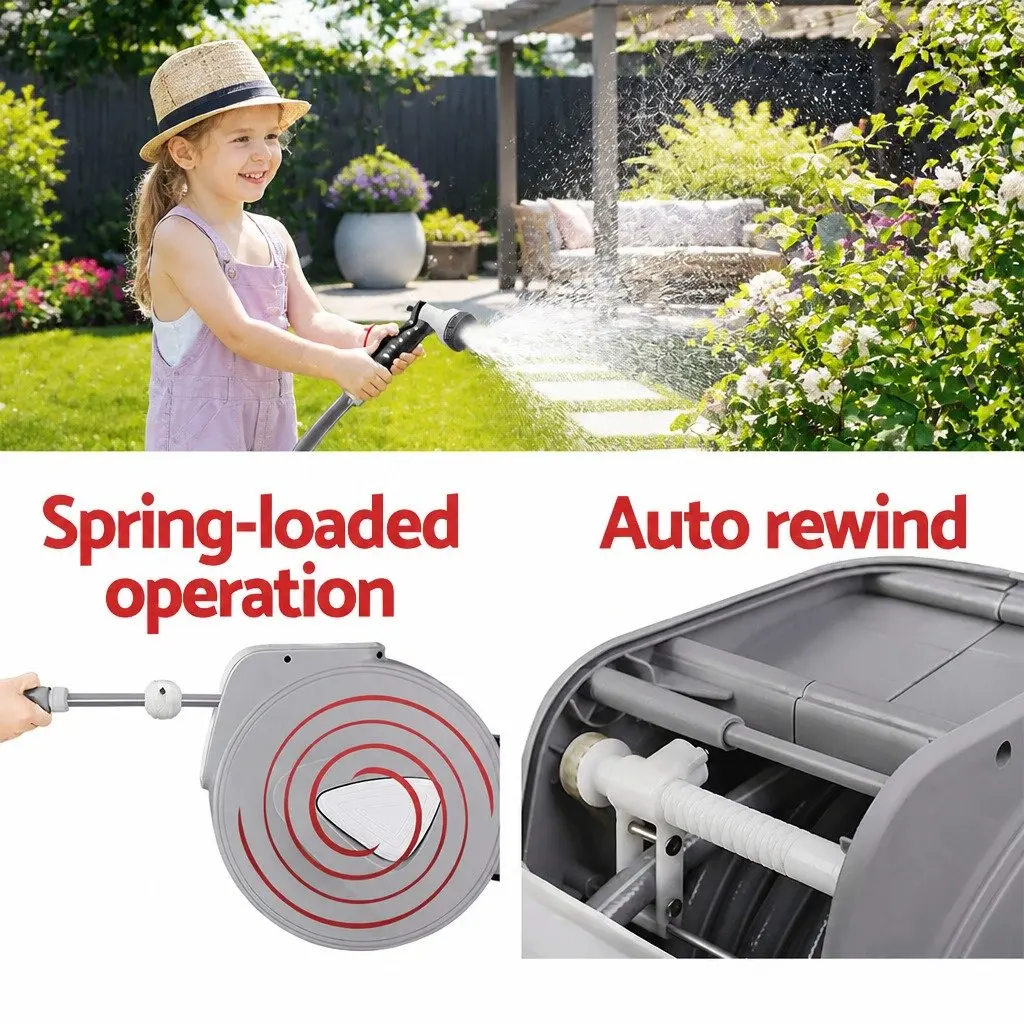 Water Hose Reel Garden Use 10M Retractable Auto Rewind Wall Mount Grey