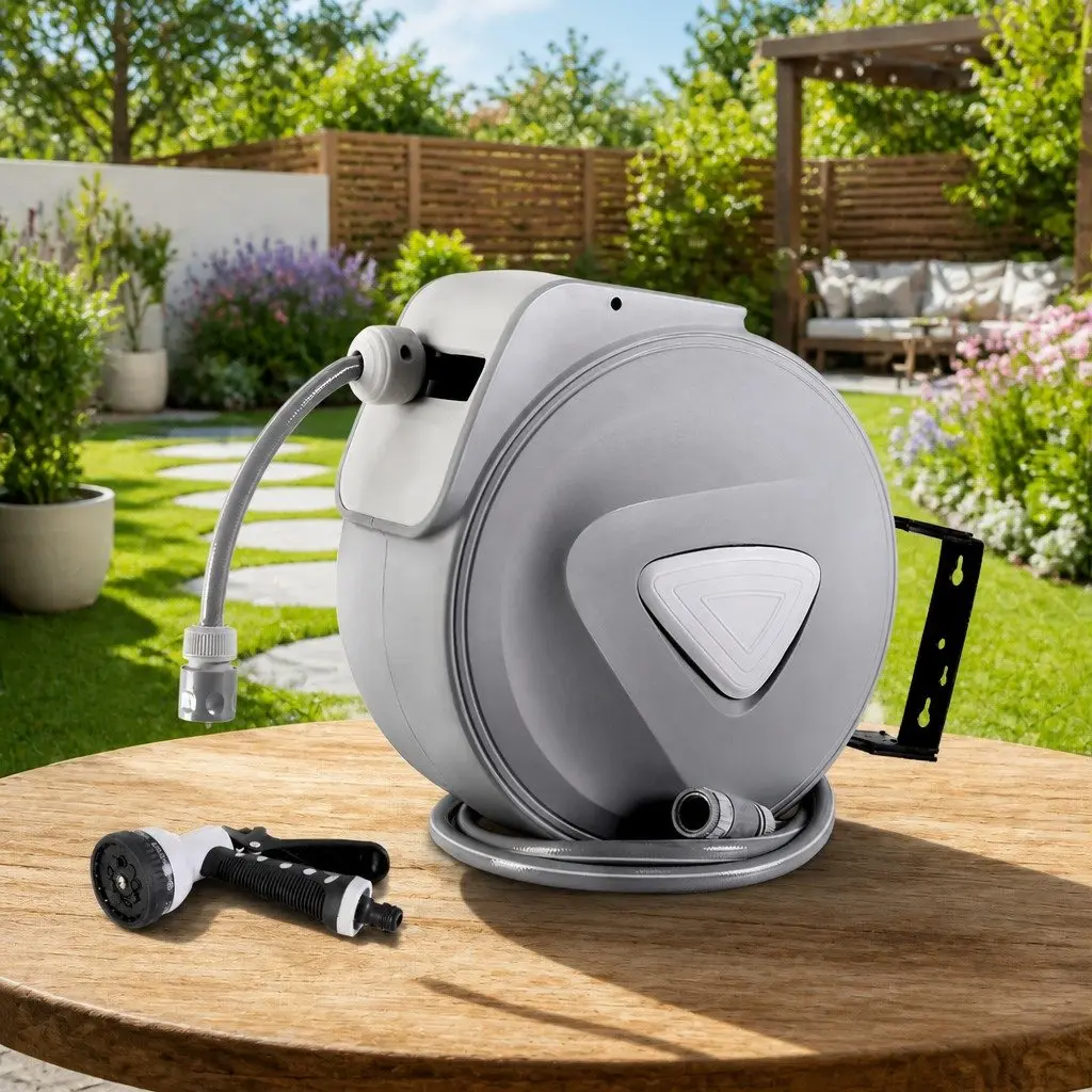 Water Hose Reel Garden Use 10M Retractable Auto Rewind Wall Mount Grey