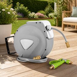 Water Hose Reel 20M Auto Rewind Retractable Wall Mount Garden Brass Spray Gun