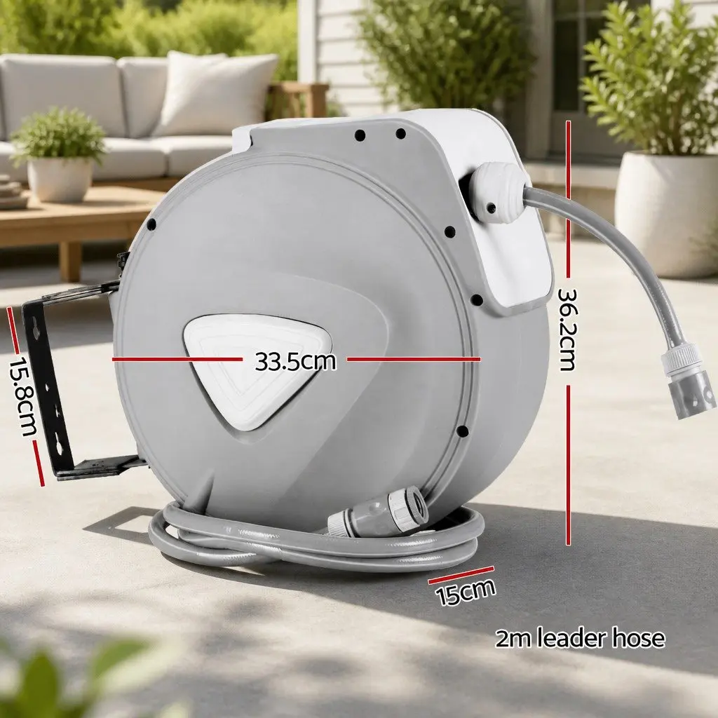 Water Hose Reel Wall Mount 20M for Garden Watering with Retractable Auto Rewind and Spray Gun