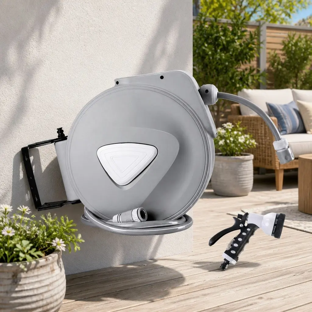 Water Hose Reel Wall Mount 20M for Garden Watering with Retractable Auto Rewind and Spray Gun