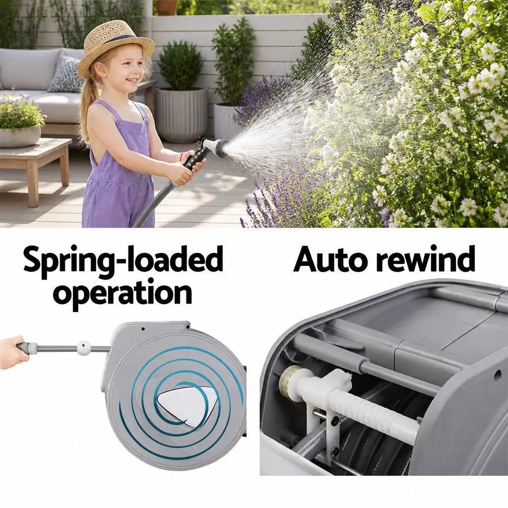 Water Hose Reel Wall Mount 20M for Garden Watering with Retractable Auto Rewind and Spray Gun