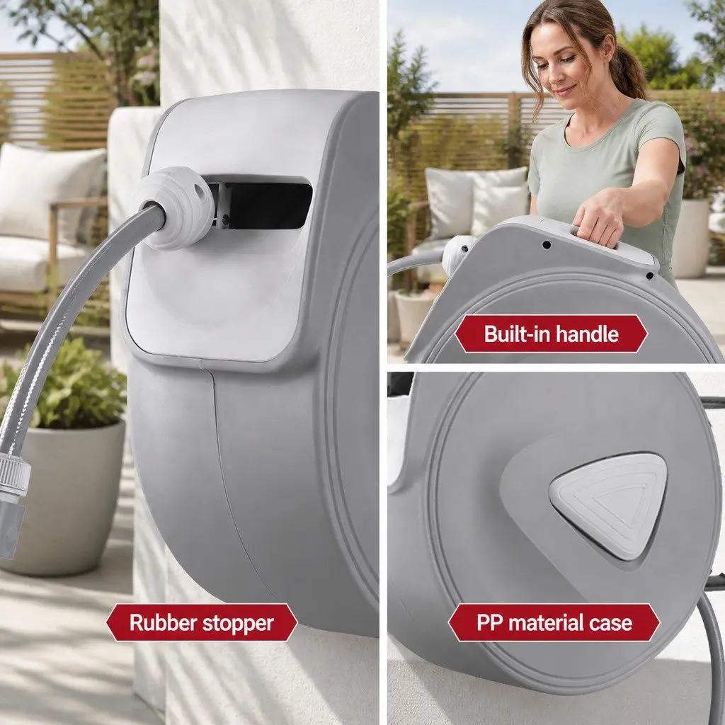 Water Hose Reel Wall Mount 20M for Garden Watering with Retractable Auto Rewind and Spray Gun