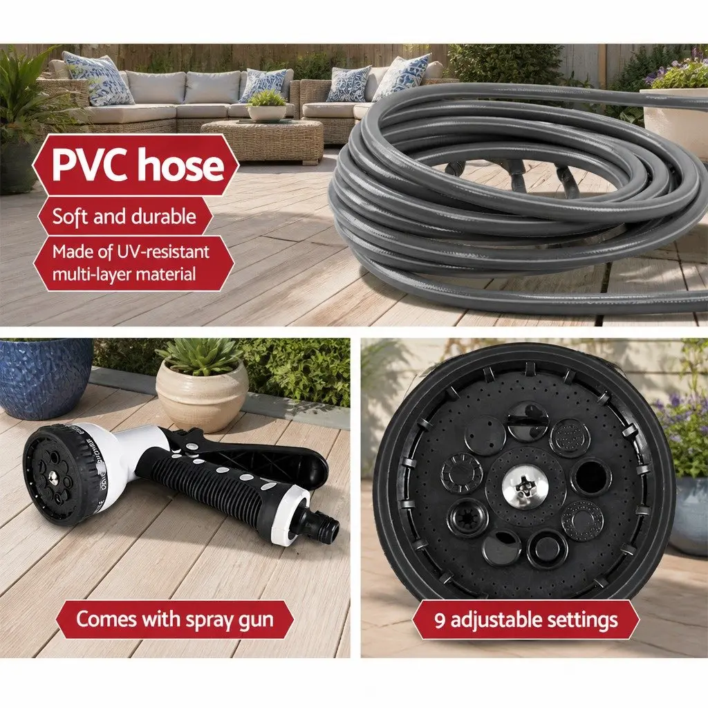 Water Hose Reel Wall Mount 20M for Garden Watering with Retractable Auto Rewind and Spray Gun