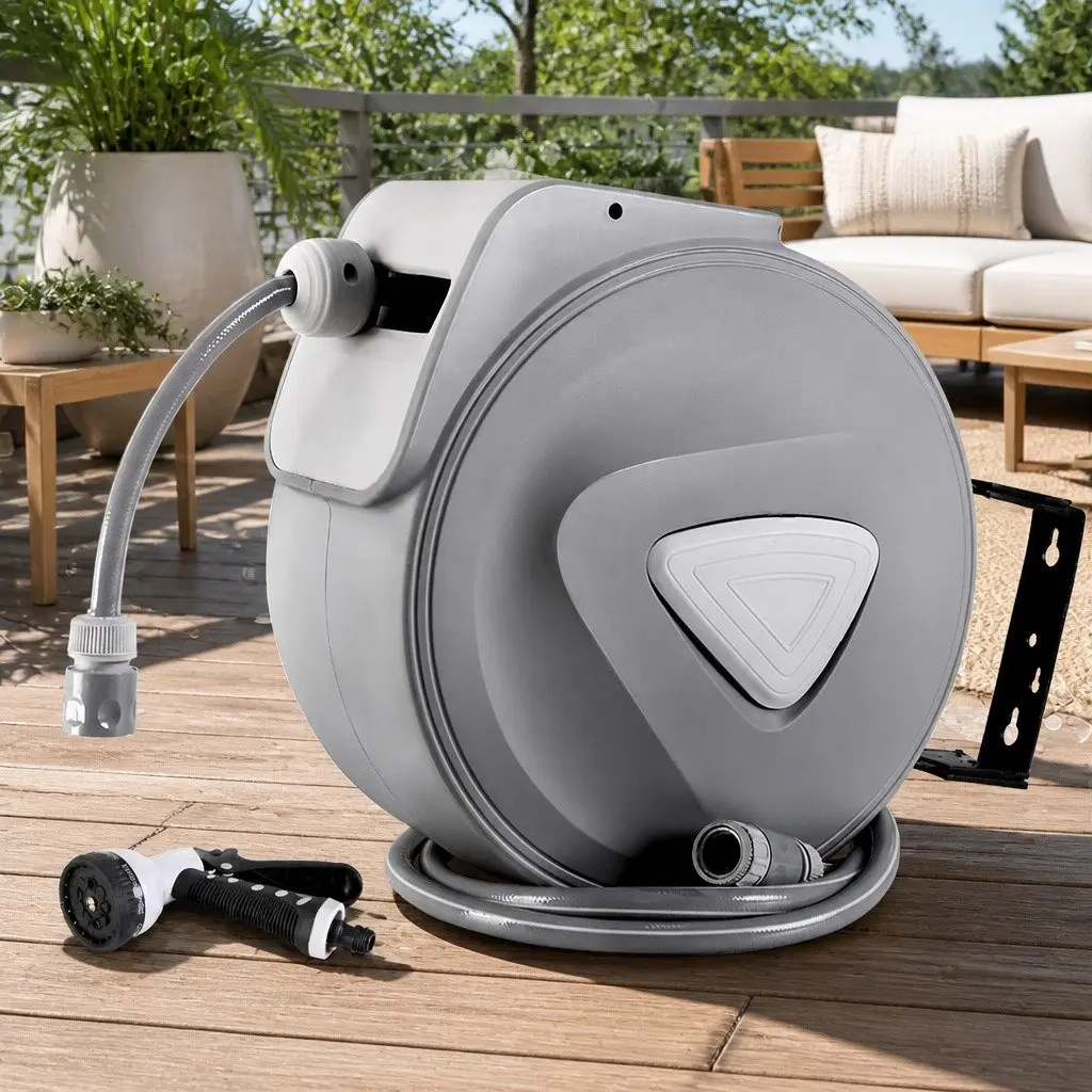 Water Hose Reel Wall Mount 20M for Garden Watering with Retractable Auto Rewind and Spray Gun