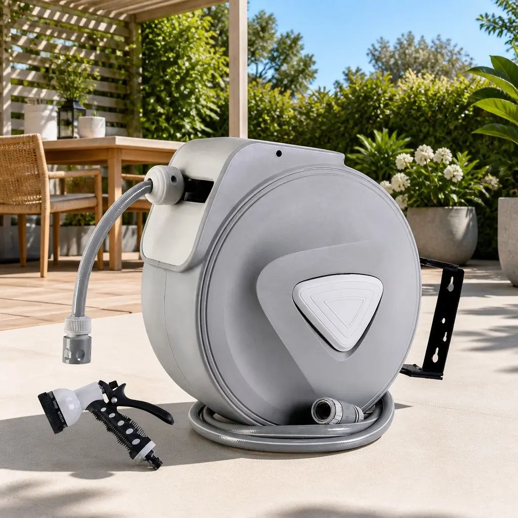 Water Hose Reel 30M Retractable Auto Rewind Wall Mount Garden Spray Gun Grey