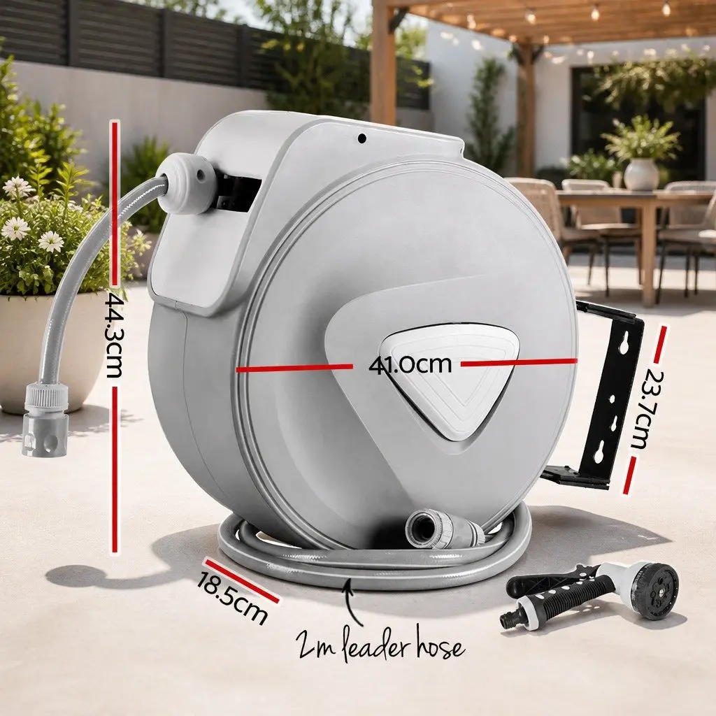 Water Hose Reel 30M Retractable Auto Rewind Wall Mount Garden Spray Gun Grey