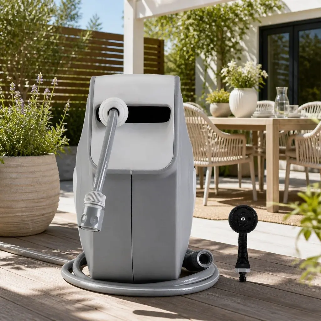 Water Hose Reel 30M Retractable Auto Rewind Wall Mount Garden Spray Gun Grey