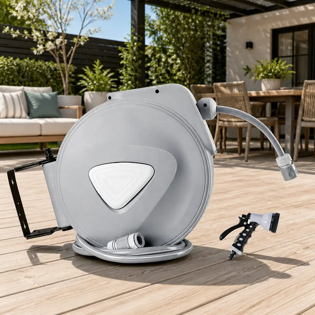 Water Hose Reel 30M Retractable Auto Rewind Wall Mount Garden Spray Gun Grey