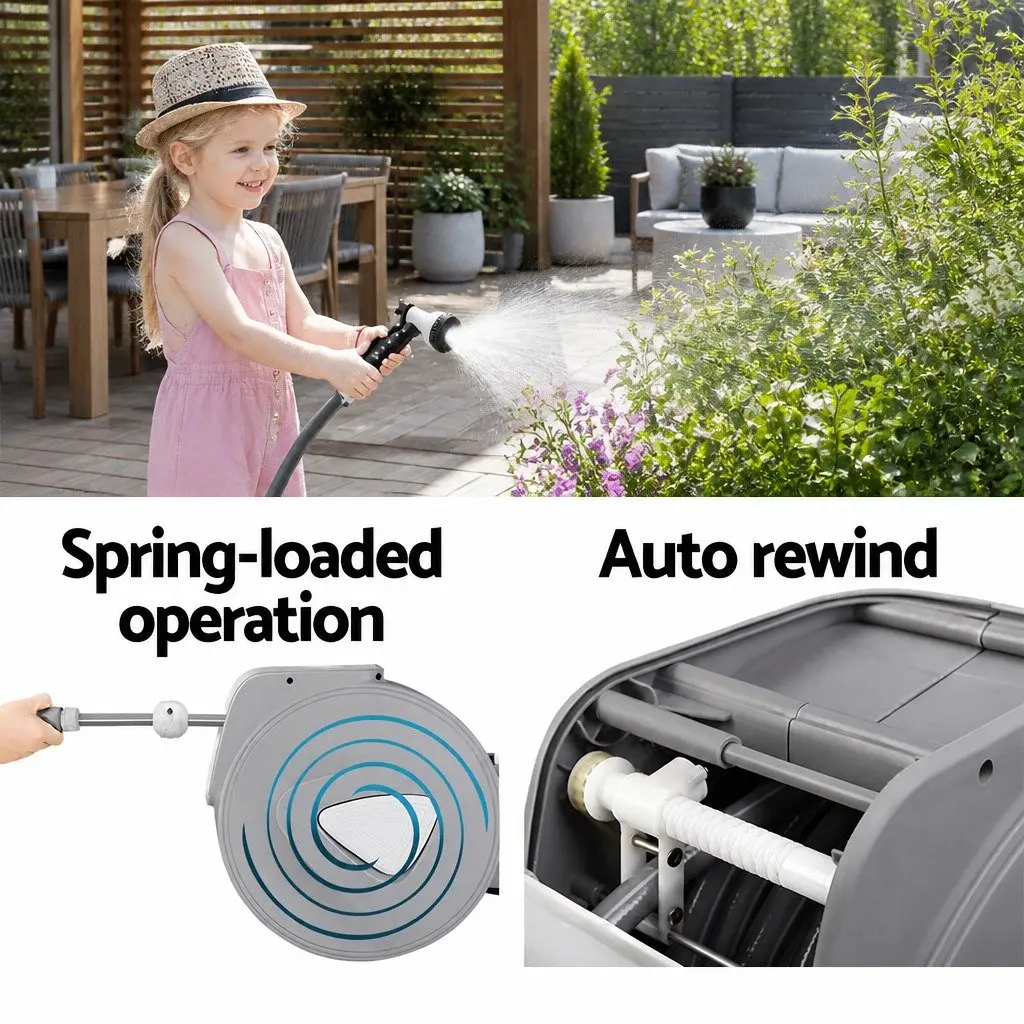 Water Hose Reel 30M Retractable Auto Rewind Wall Mount Garden Spray Gun Grey