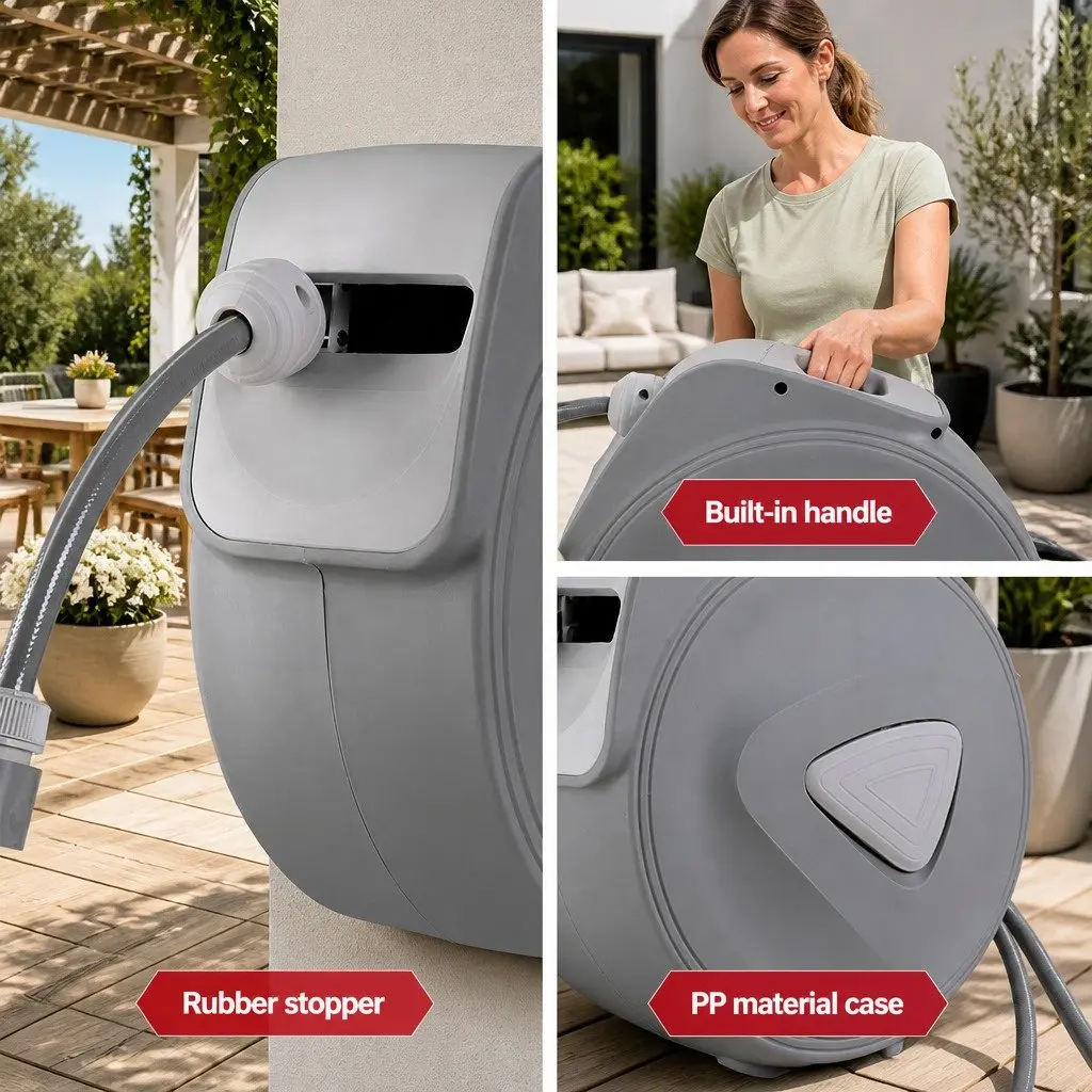 Water Hose Reel 30M Retractable Auto Rewind Wall Mount Garden Spray Gun Grey