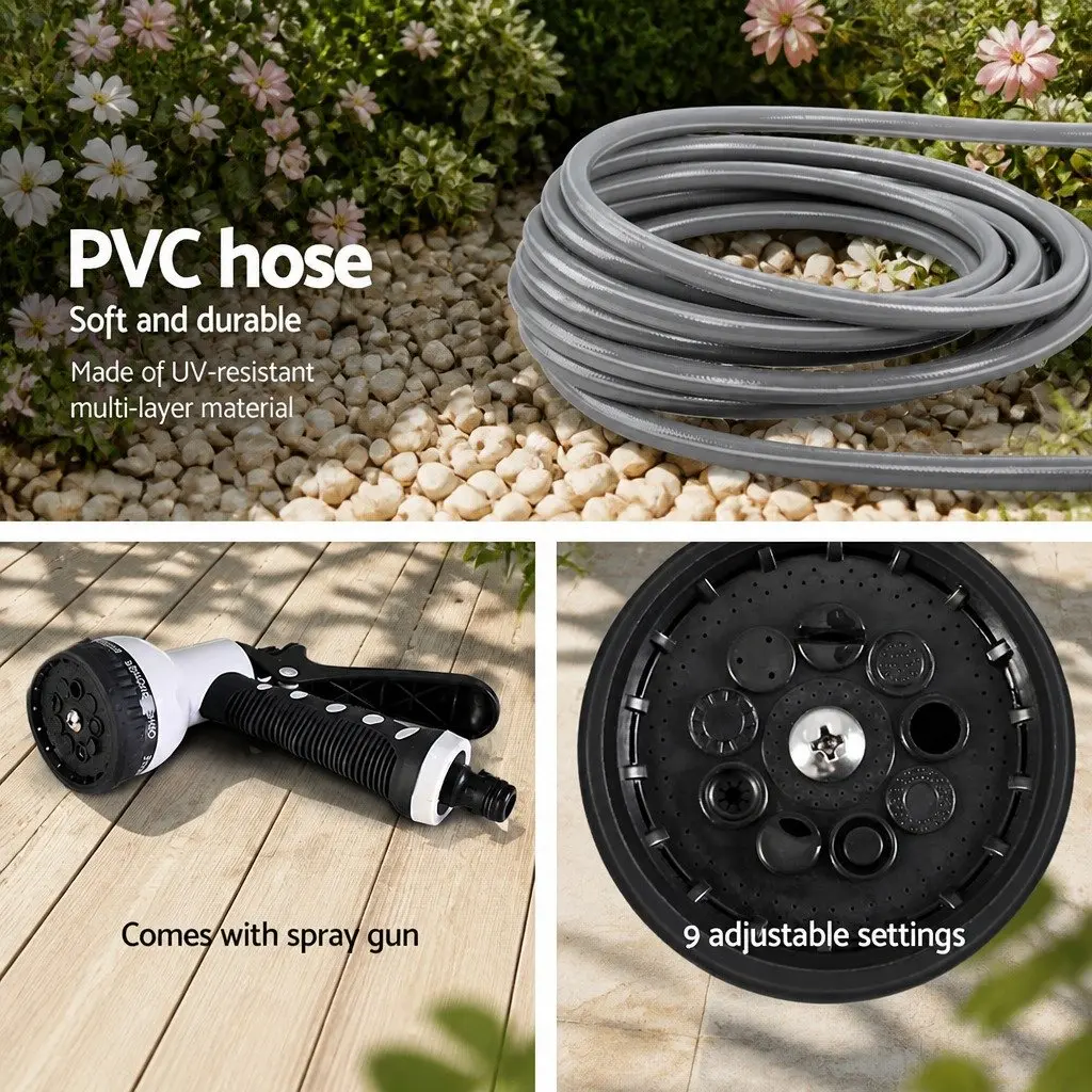 Water Hose Reel 30M Retractable Auto Rewind Wall Mount Garden Spray Gun Grey