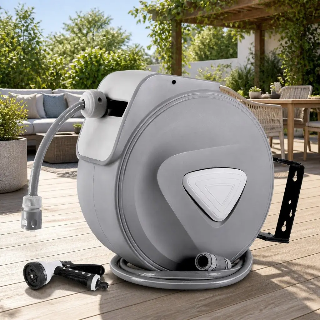 Water Hose Reel 30M Retractable Auto Rewind Wall Mount Garden Spray Gun Grey