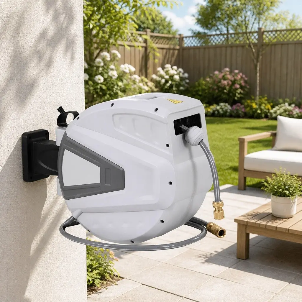 Water Hose Reel 30M Wall Mount Garden Use Portable Retractable Auto Rewind with Spray Gun