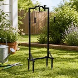 Garden Hose Holder Metal Portable Freestanding Stand Four Spike Base Black