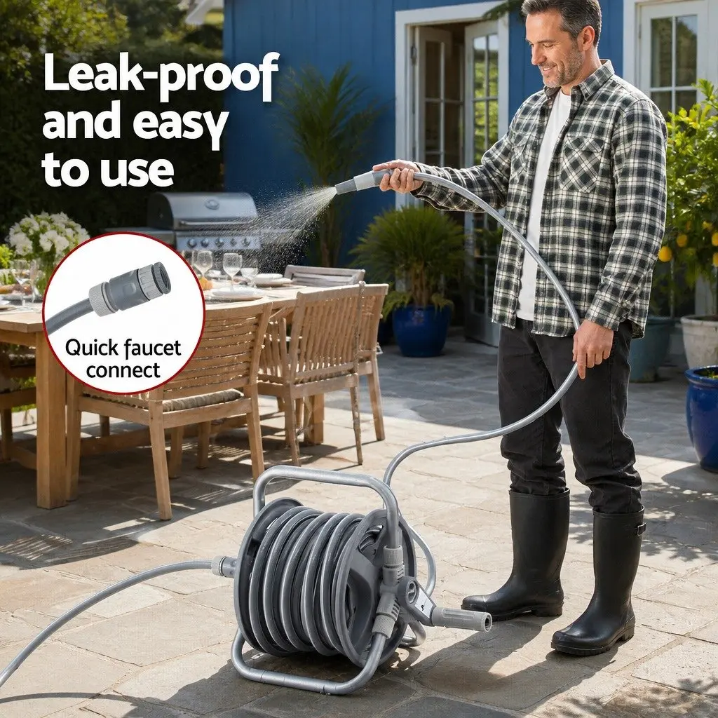 Garden Hose Reel 20m Retractable Auto Rewind for Garden Lawn Car Washing Grey