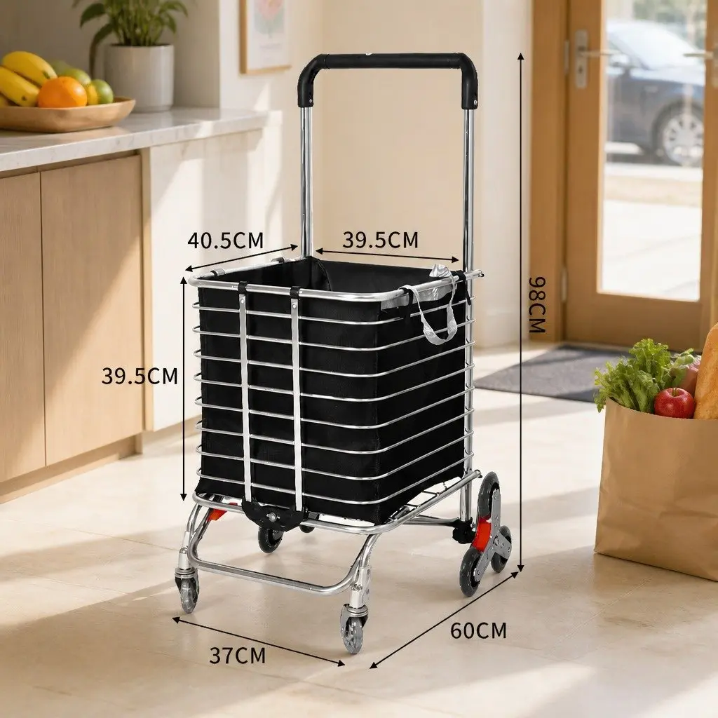Foldable Shopping Cart Trolley for Grocery Use with Stair Climbing Wheels and Waterproof Bag 60cm L x 37cm W x 98cm H