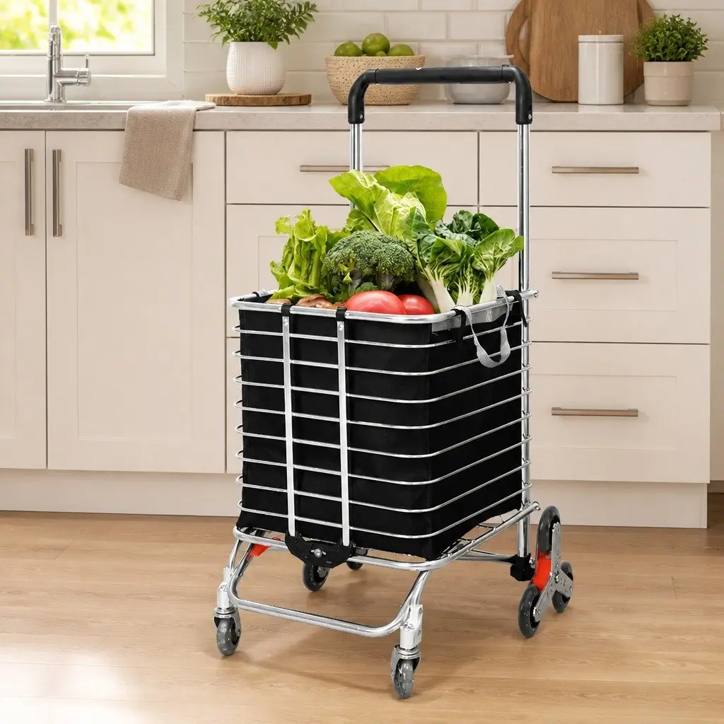 Foldable Shopping Cart Trolley for Grocery Use with Stair Climbing Wheels and Waterproof Bag 60cm L x 37cm W x 98cm H
