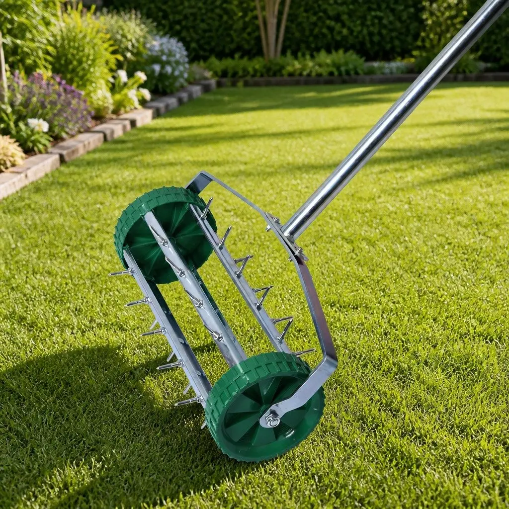 Lawn Aerator Roller Garden Tool 3 Piece Detachable Handle 44cm Length 14.5cm Diameter 150cm Height