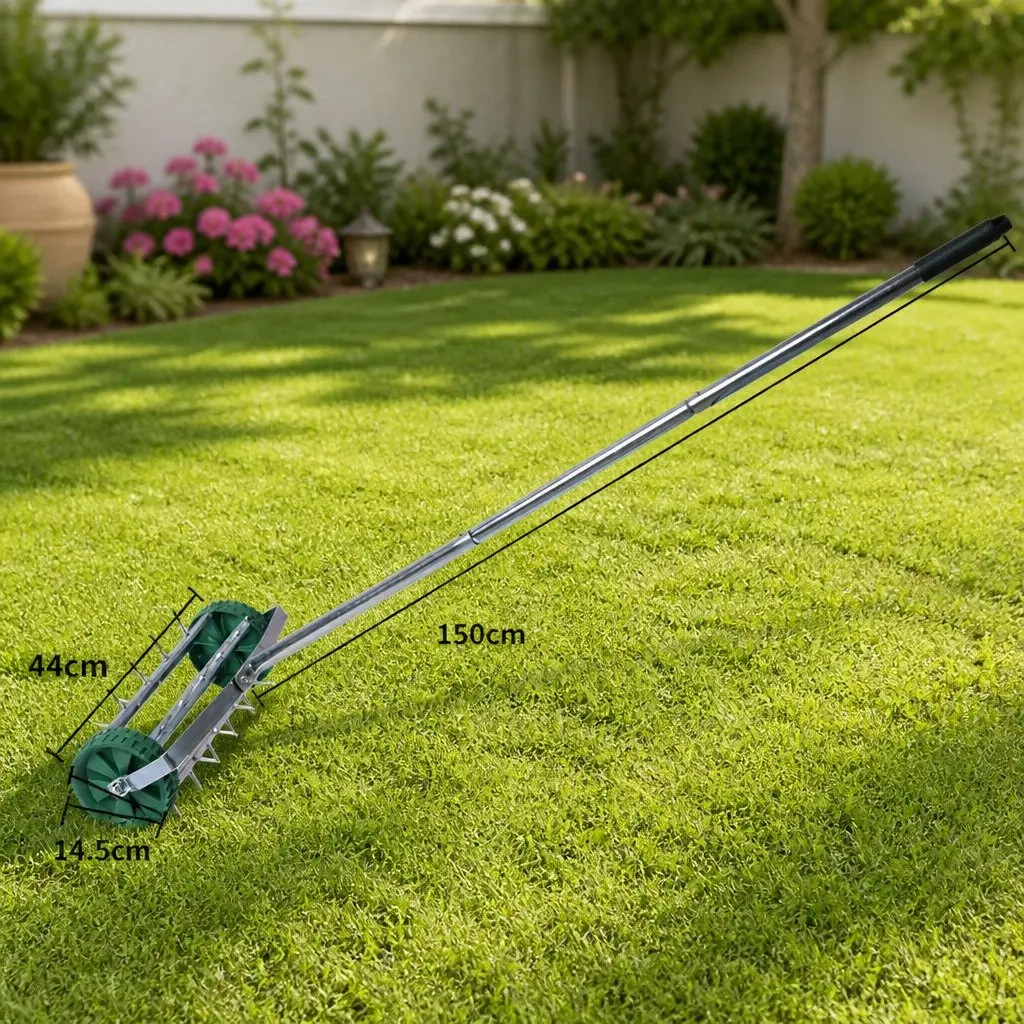 Lawn Aerator Roller Garden Tool 3 Piece Detachable Handle 44cm Length 14.5cm Diameter 150cm Height