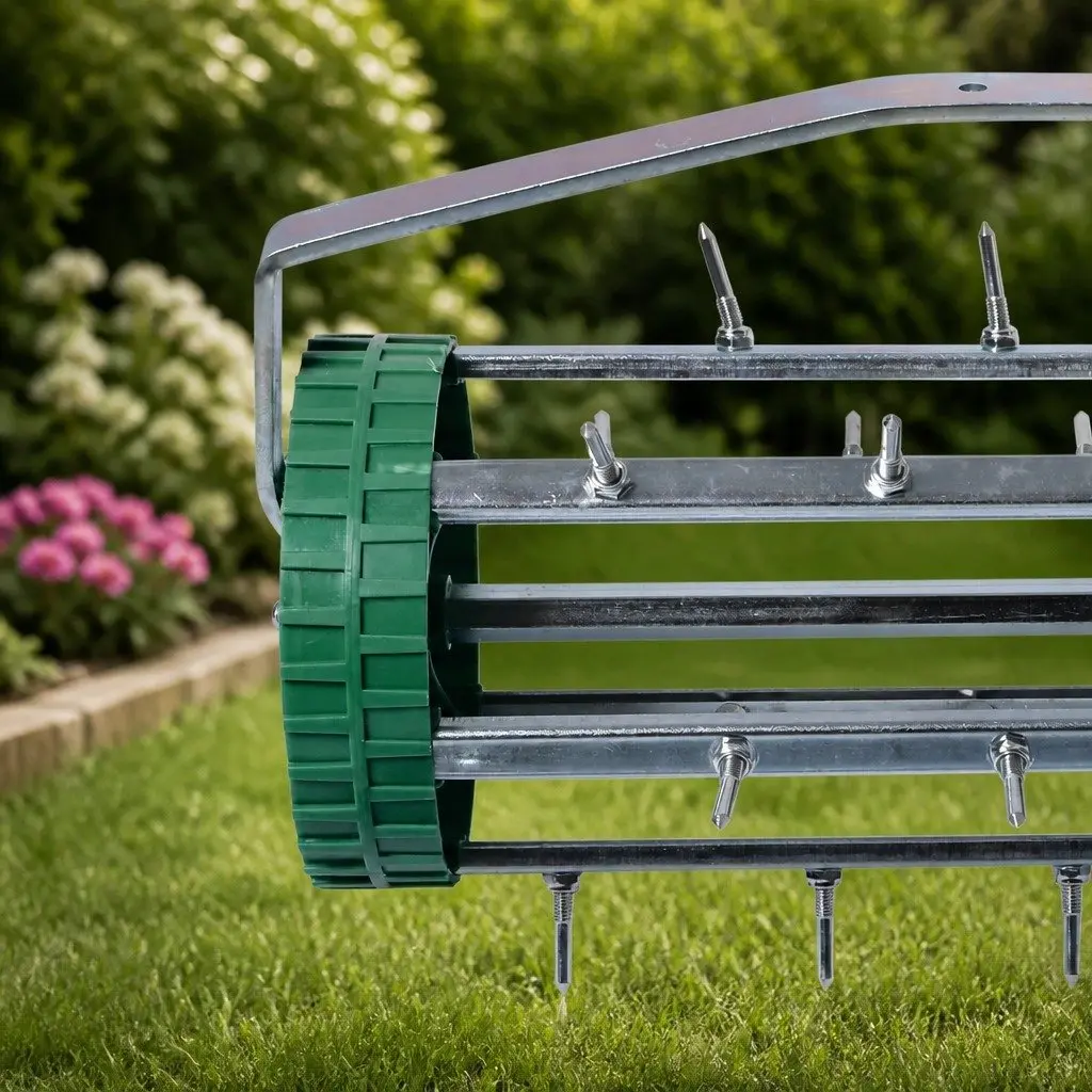 Lawn Aerator Roller Garden Tool 3 Piece Detachable Handle 44cm Length 14.5cm Diameter 150cm Height