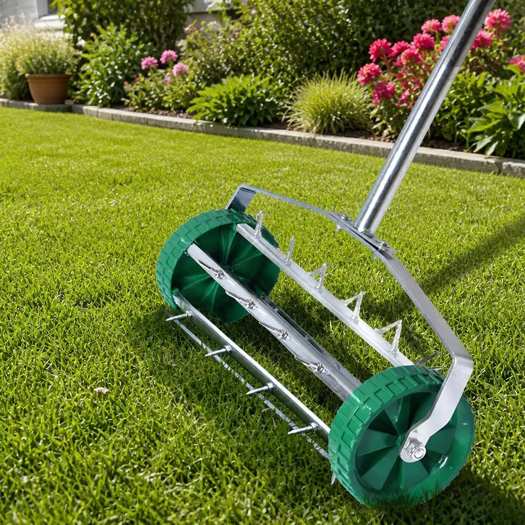 Lawn Aerator Roller Garden Tool 3 Piece Detachable Handle 44cm Length 14.5cm Diameter 150cm Height