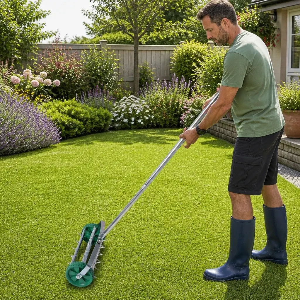 Lawn Aerator Roller Garden Tool 3 Piece Detachable Handle 44cm Length 14.5cm Diameter 150cm Height
