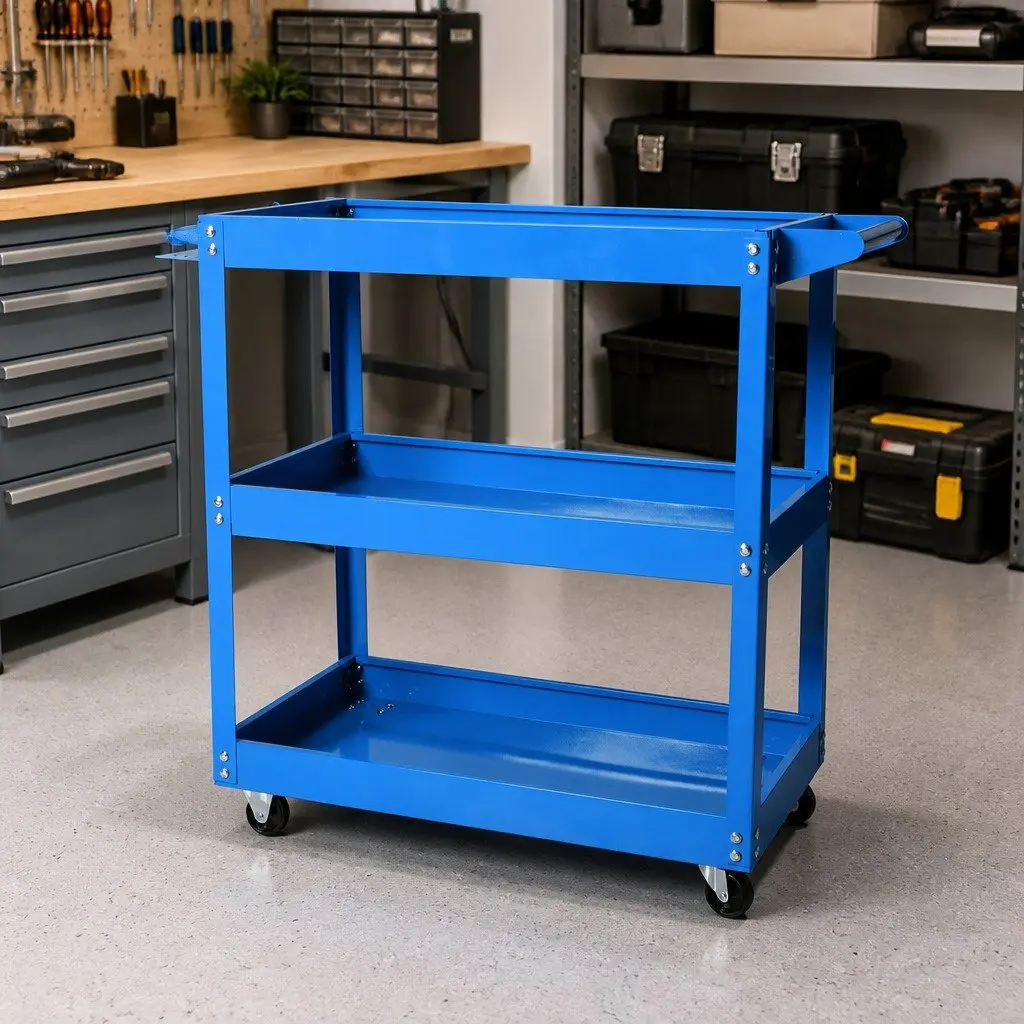 Tool Cart Trolley Toolbox Blue with Storage Trays Castor Wheels Workshop Garage