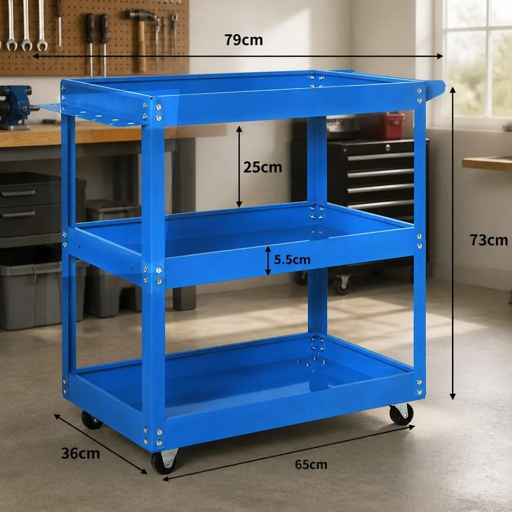 Tool Cart Trolley Toolbox Blue with Storage Trays Castor Wheels Workshop Garage