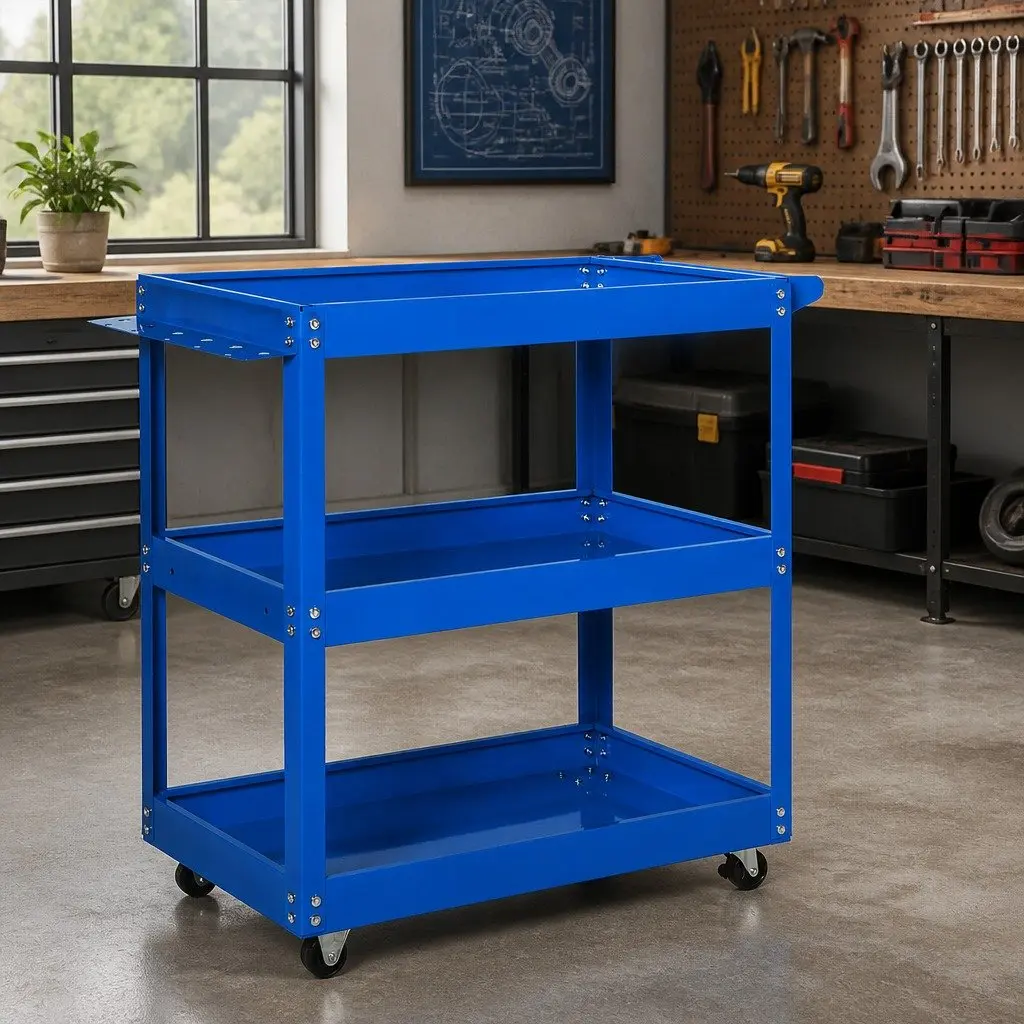 Tool Cart Trolley Toolbox Blue with Storage Trays Castor Wheels Workshop Garage