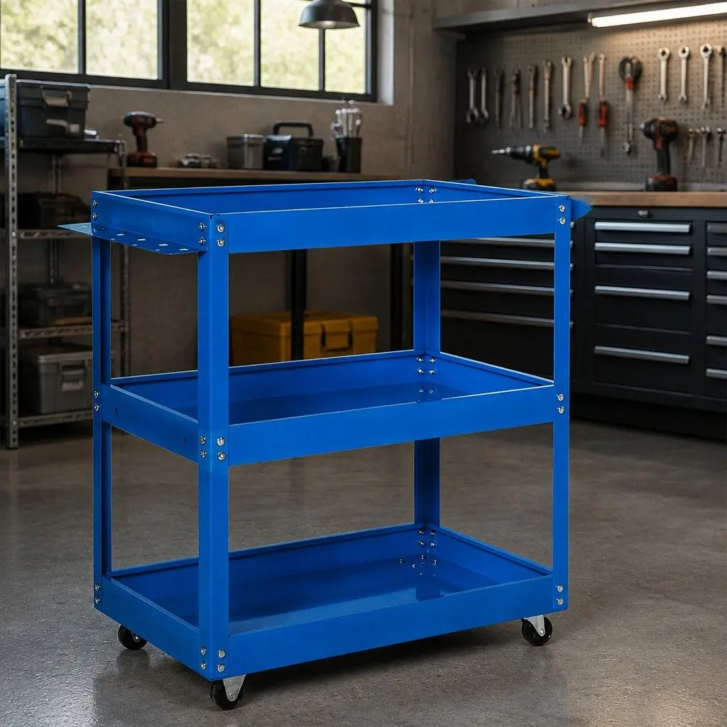 Tool Cart Trolley Toolbox Blue with Storage Trays Castor Wheels Workshop Garage