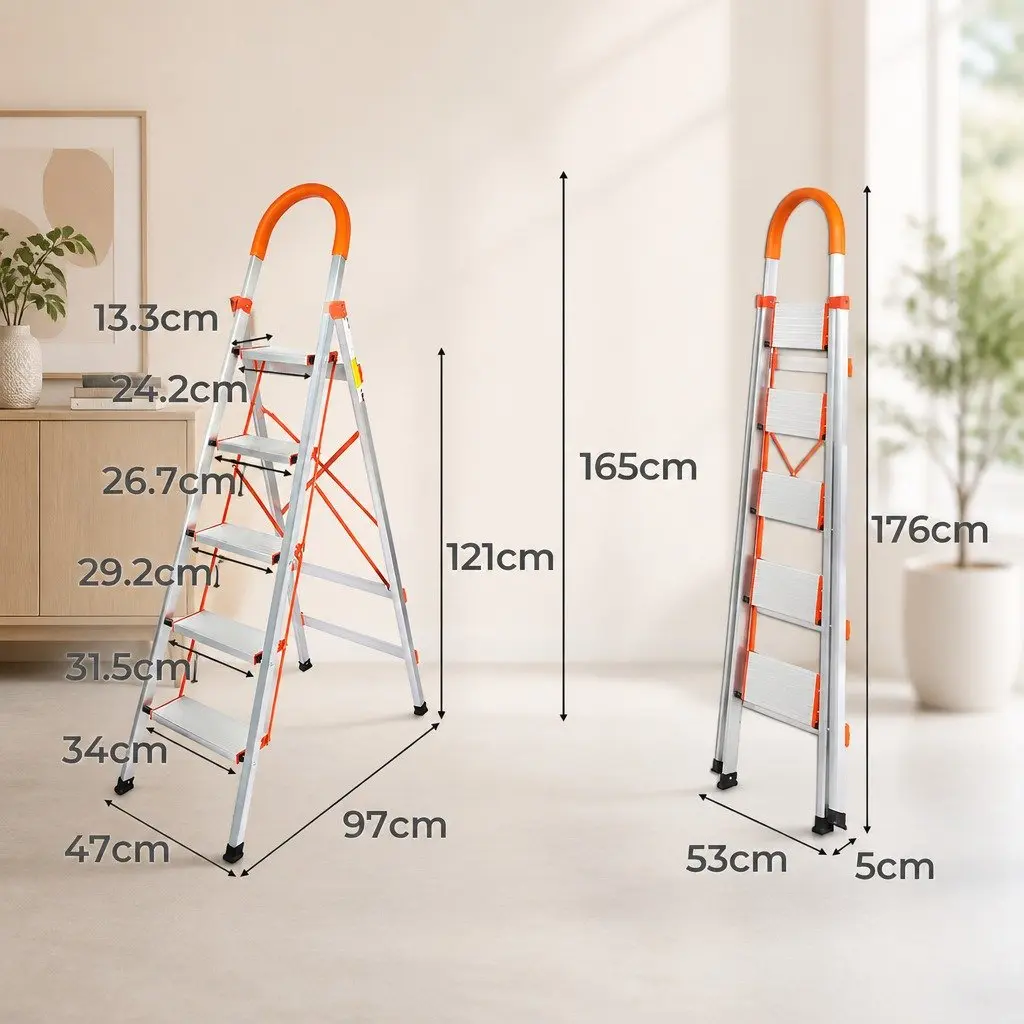5 Step Folding Ladder Aluminium Non-Slip Grooved Steps Home Workshop Garage