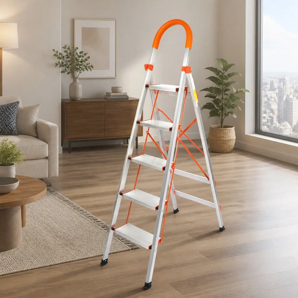 5 Step Folding Ladder Aluminium Non-Slip Grooved Steps Home Workshop Garage