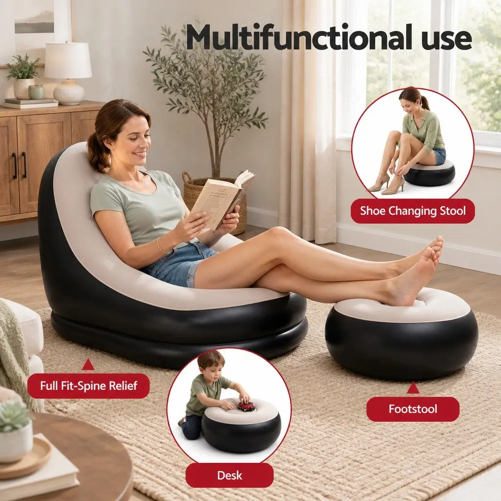 Inflatable Air Chair with Ottoman Indoor Outdoor Portable 60 x 75 x 90cm