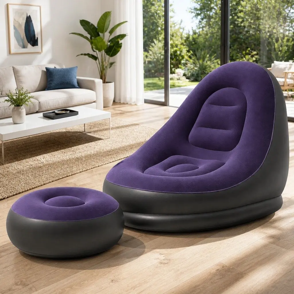 Inflatable Chair with Ottoman Air Sofa Blow Up Seat for Camping Lounging Purple