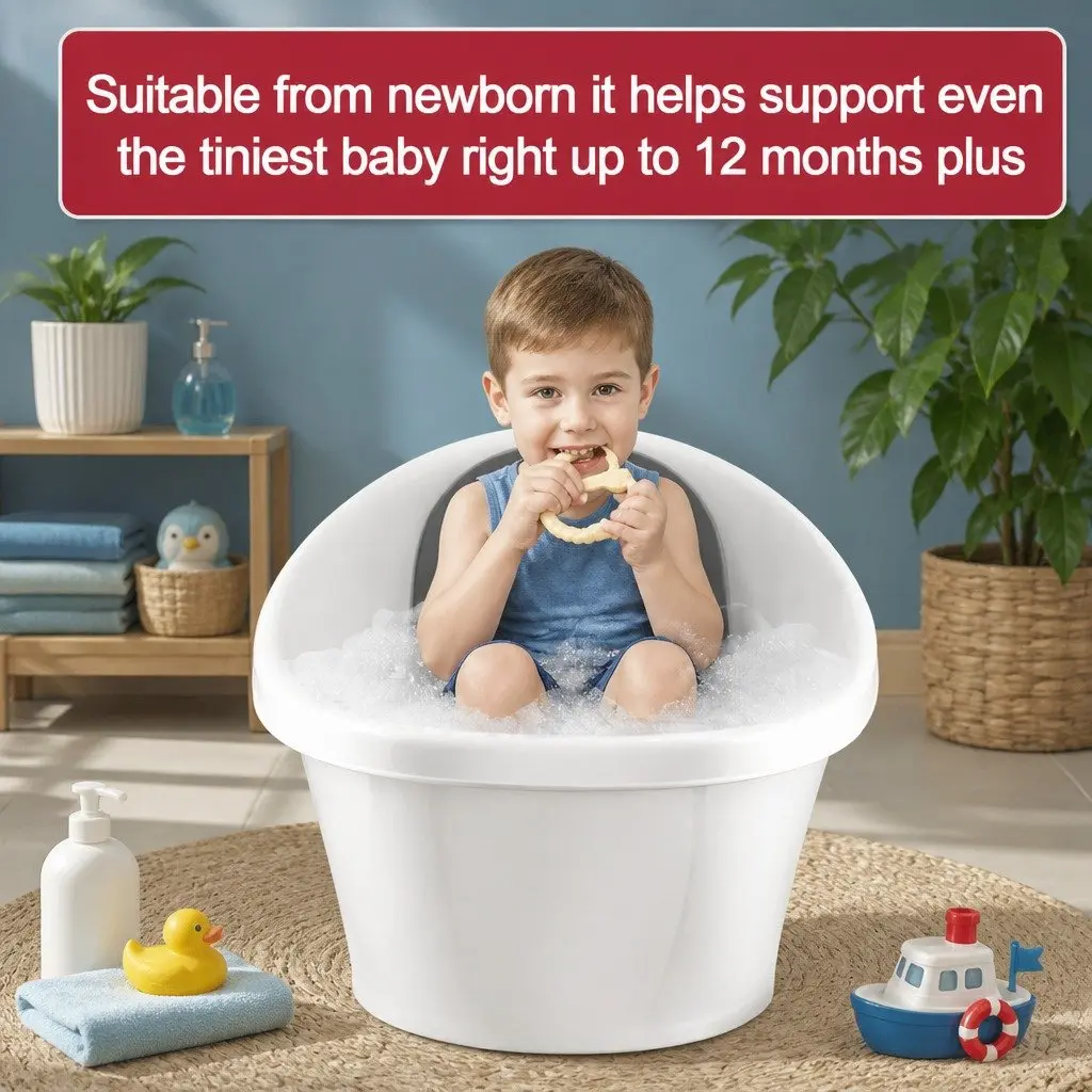 Baby Bath Tub with Backrest Bum Bump Support Newborn 12 Months Sink Basin