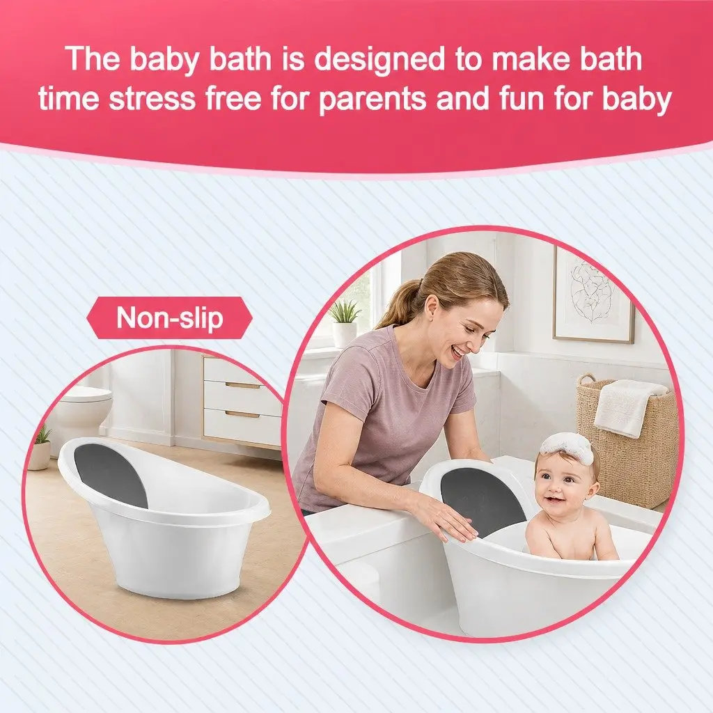 Baby Bath Tub with Backrest Bum Bump Support Newborn 12 Months Sink Basin