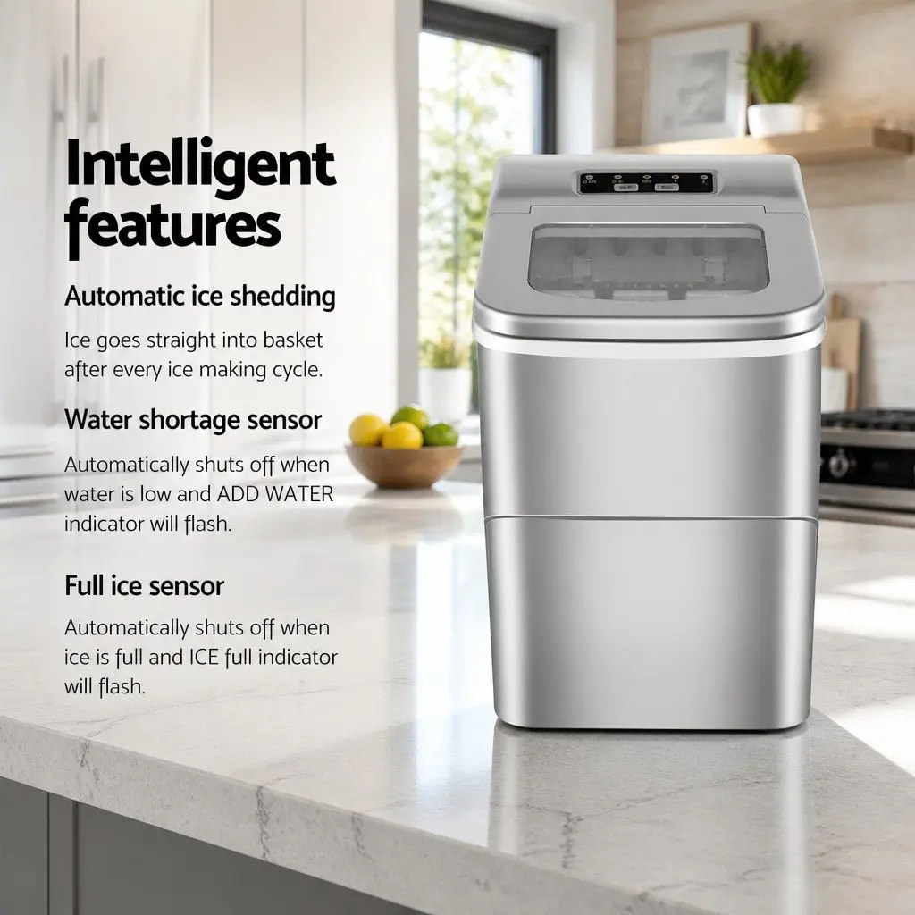 Portable Ice Maker Countertop Kitchen 12kg Daily Production Silver