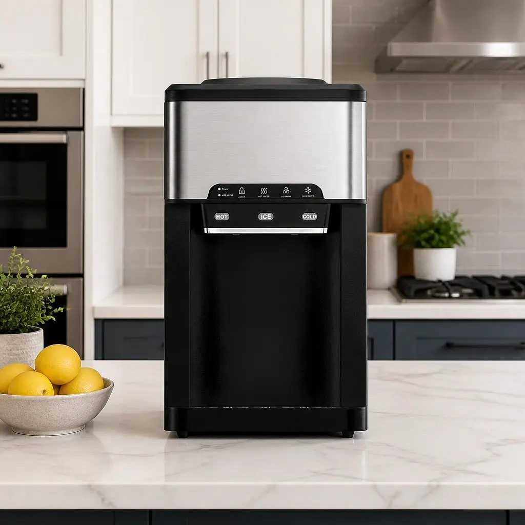 Ice Maker Machine Countertop 20kg Hot Cold Water Dispenser 3-in-1 Silver Black