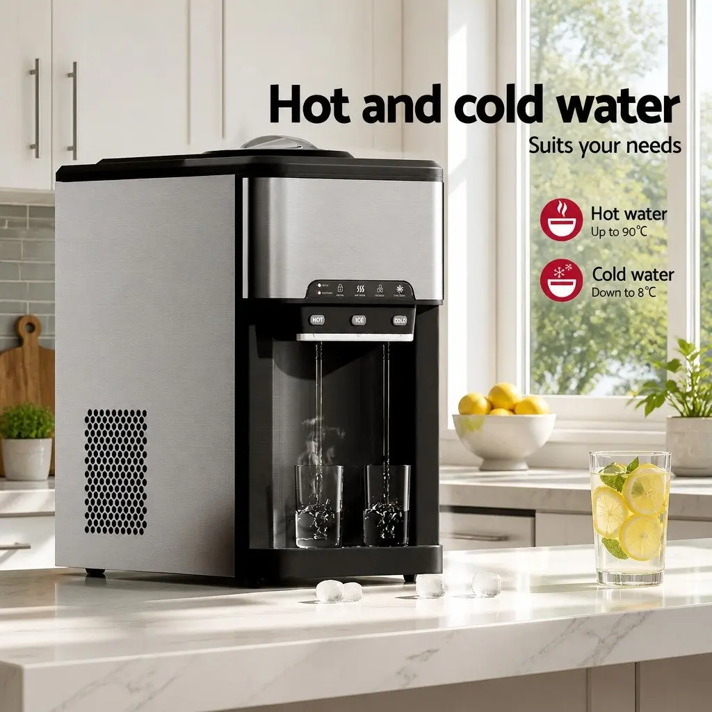 Ice Maker Machine Countertop 20kg Hot Cold Water Dispenser 3-in-1 Silver Black