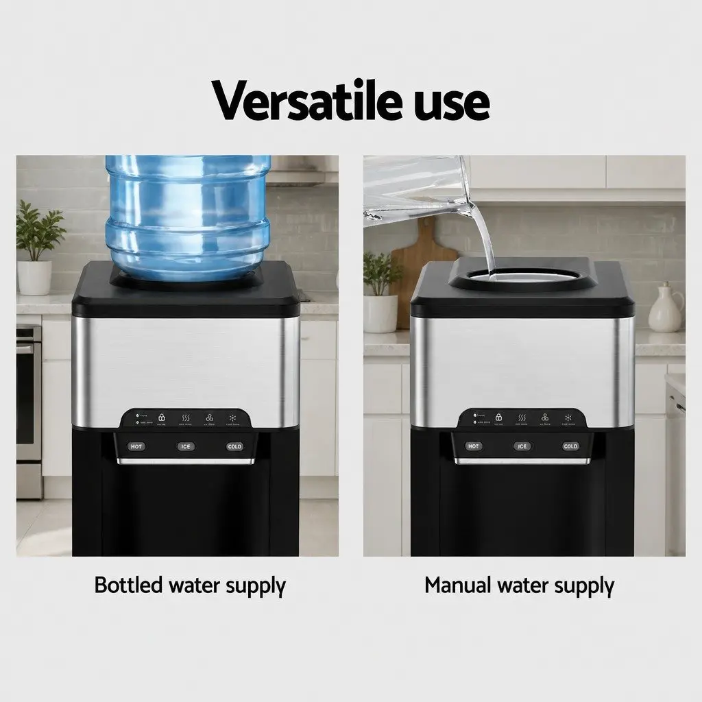 Ice Maker Machine Countertop 20kg Hot Cold Water Dispenser 3-in-1 Silver Black