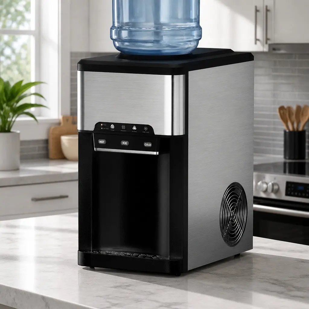 Ice Maker Machine Countertop 20kg Hot Cold Water Dispenser 3-in-1 Silver Black