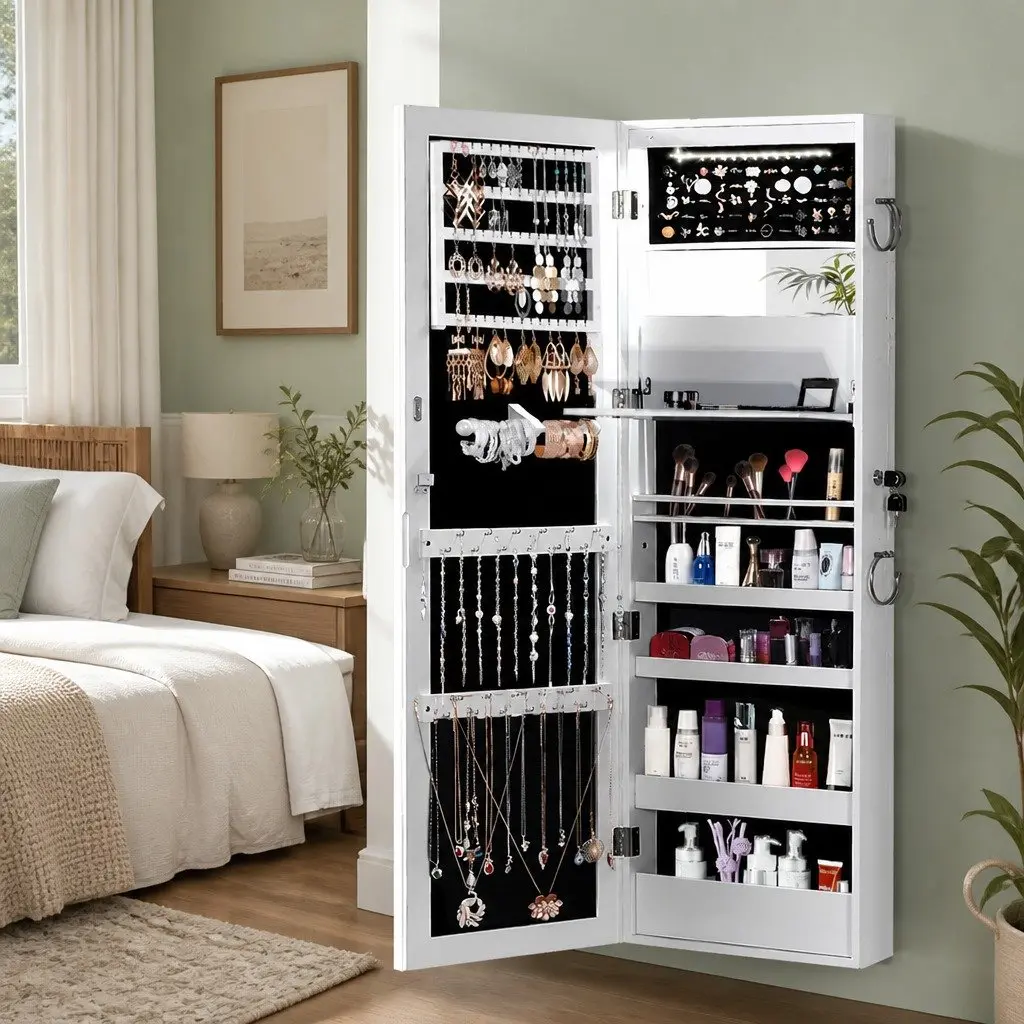 Jewellery Cabinet Full Length Mirror Wall Mounted Door Hanging Storage Organiser 37cm x 9cm x 122cm